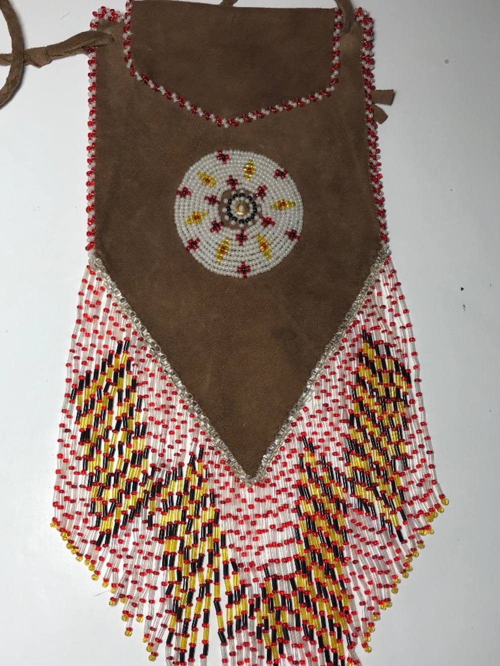 Medallion Medicine Pouch Crossbody Beaded Suede Braided Handle RARE UNIQUE BOHO